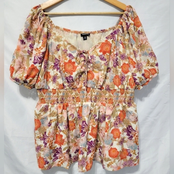 Torrid Georgette Floral Eyelet Smocked Boho Flouncy Milkmaid Coquette Blouse - Picture 4 of 14